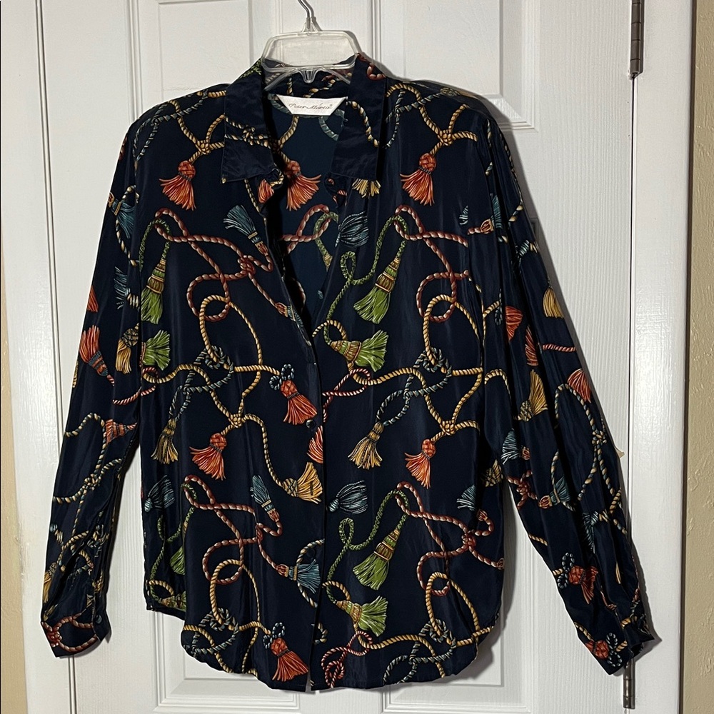 Peter Martin Y2K silk button blouse tassel rope point collar long sleeve size 12
